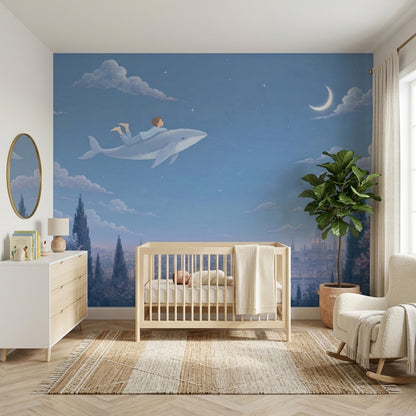 Flying Whale Wallpaper Blue Night Sky Crescent Moon Removable Wall Decor