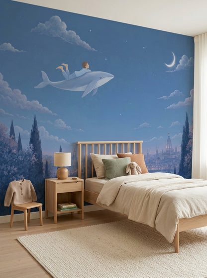 Flying Whale Wallpaper Blue Night Sky Crescent Moon Removable Wall Decor