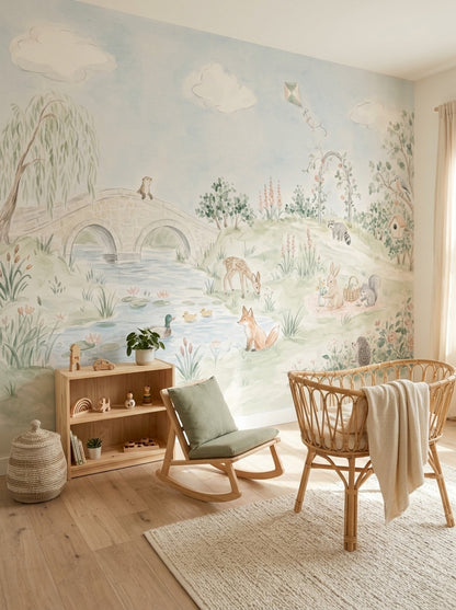 Watercolor Landscape Wallpaper Woodland Animals Removable Pond Wall Decor