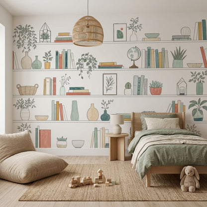 Bookshelf Wallpaper Plants Botanical Removable Wall Decor