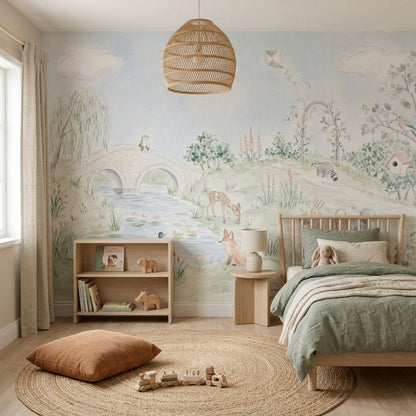 Watercolor Landscape Wallpaper Woodland Animals Removable Pond Wall Decor