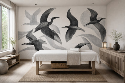 Cranes Wallpaper Birds Line Art Removable Wall Decor
