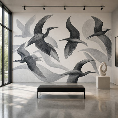 Cranes Wallpaper Birds Line Art Removable Wall Decor