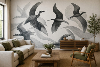 Cranes Wallpaper Birds Line Art Removable Wall Decor