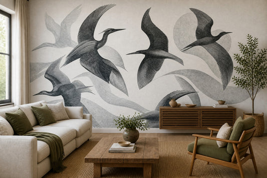 Cranes Wallpaper Birds Line Art Removable Wall Decor