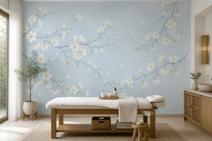 Blossom Branches Wallpaper Watercolor Pale Blue Wall Mural