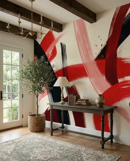 Abstract Wallpaper Brushstroke Removable Red Wall Decor