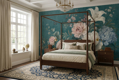 Dark Teal Background Wallpaper Floral Removable Botanical Wall Decor