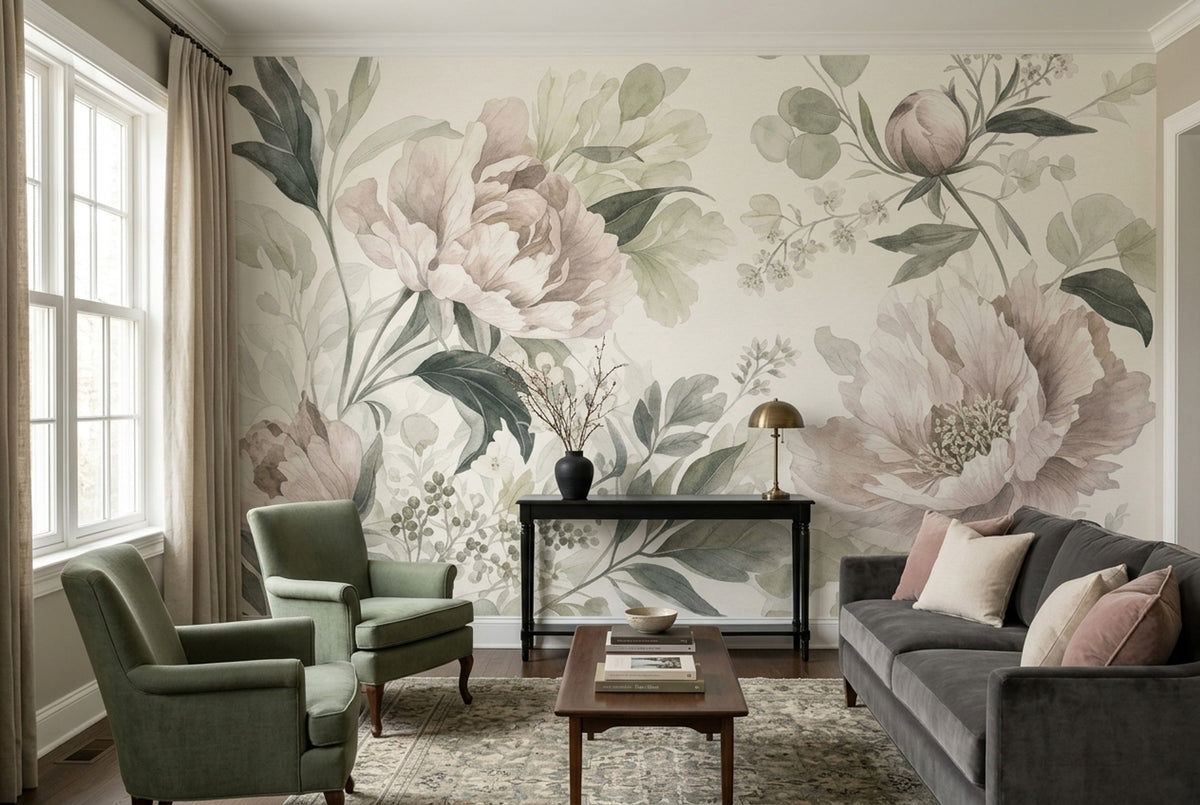 Peonies Wallpaper Watercolor Removable Botanical Wall Decor