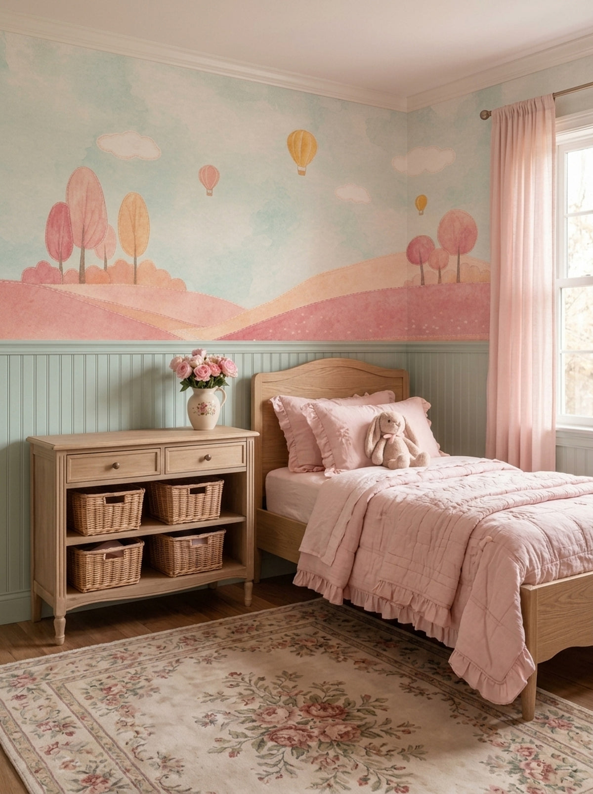 Whimsical Landscape Wallpaper Watercolor Hot Air Balloons Wall Mural