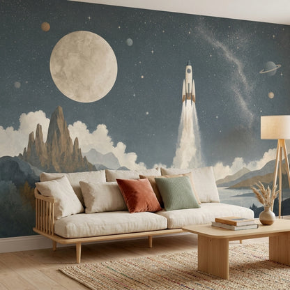 Dark Starry Sky Wallpaper Rocket Moon Removable Wall Decor