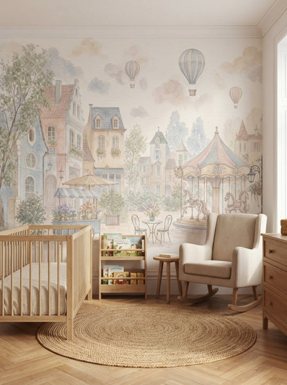 French Village Wallpaper Watercolor Removable Carousel Wall Decor