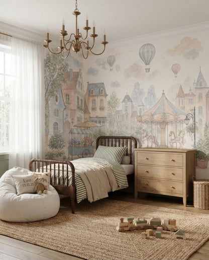 French Village Wallpaper Watercolor Removable Carousel Wall Decor
