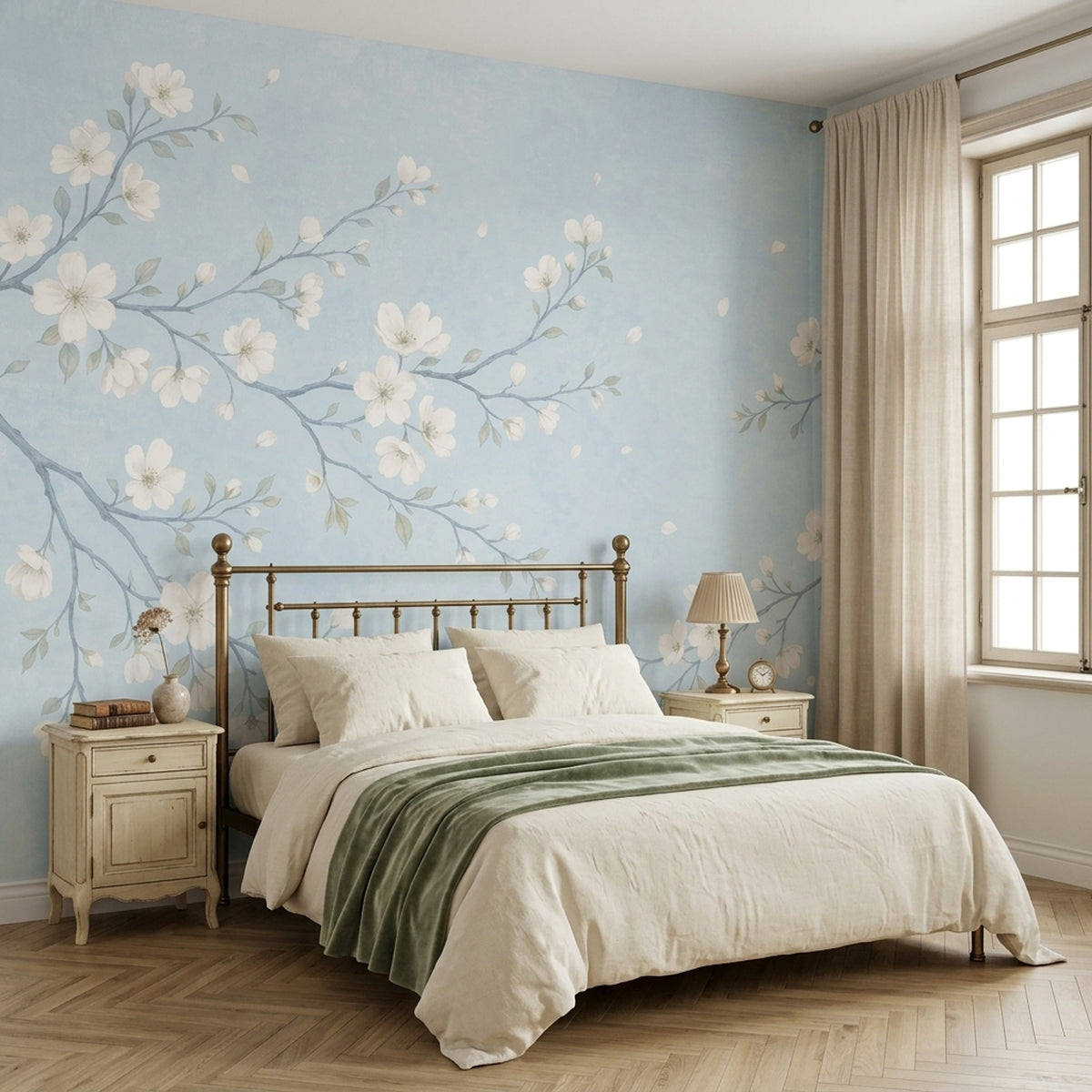 Blossom Branches Wallpaper Watercolor Pale Blue Wall Mural