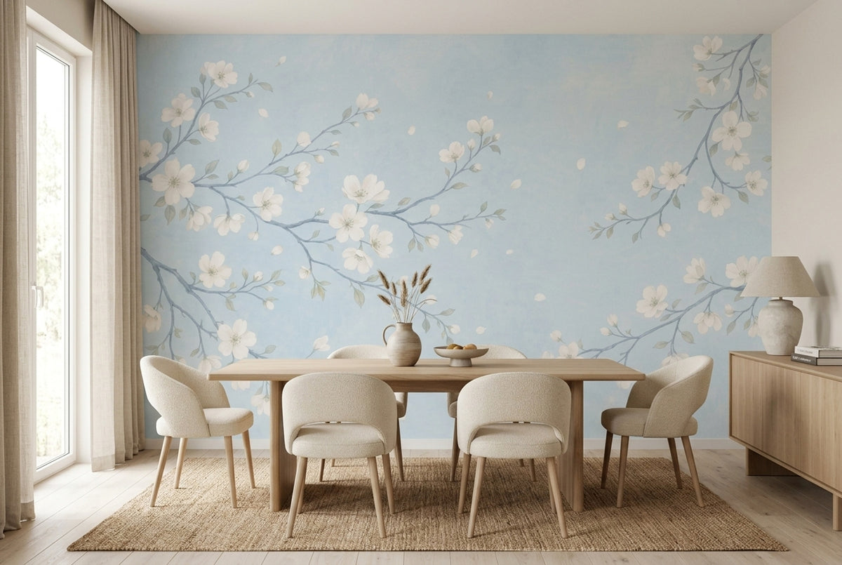 Blossom Branches Wallpaper Watercolor Pale Blue Wall Mural