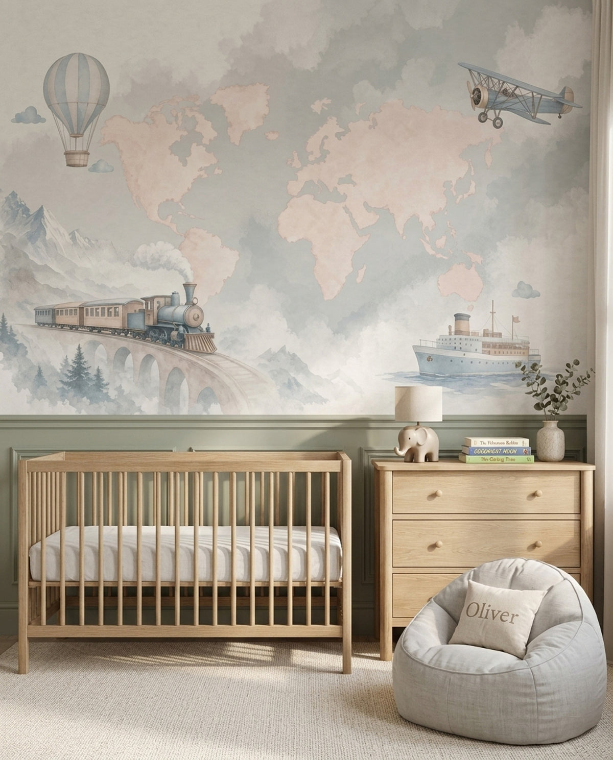 World Map Wallpaper Cloudy Sky Hot Air Balloon Removable Wall Decor