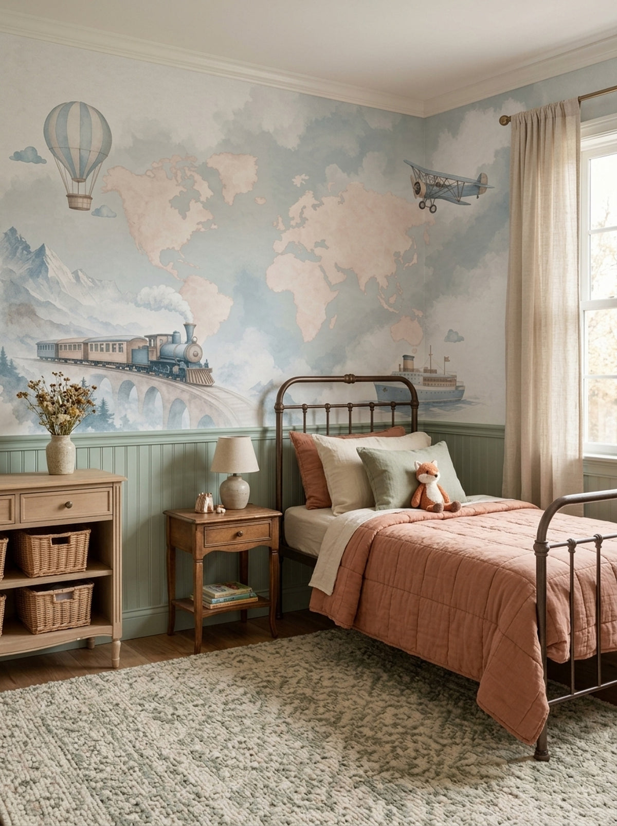 World Map Wallpaper Cloudy Sky Hot Air Balloon Removable Wall Decor
