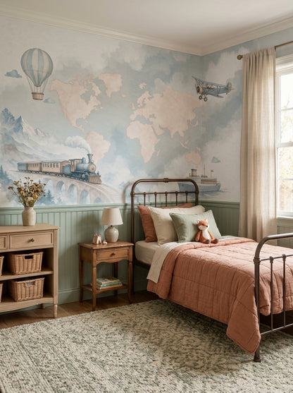 World Map Wallpaper Cloudy Sky Hot Air Balloon Removable Wall Decor