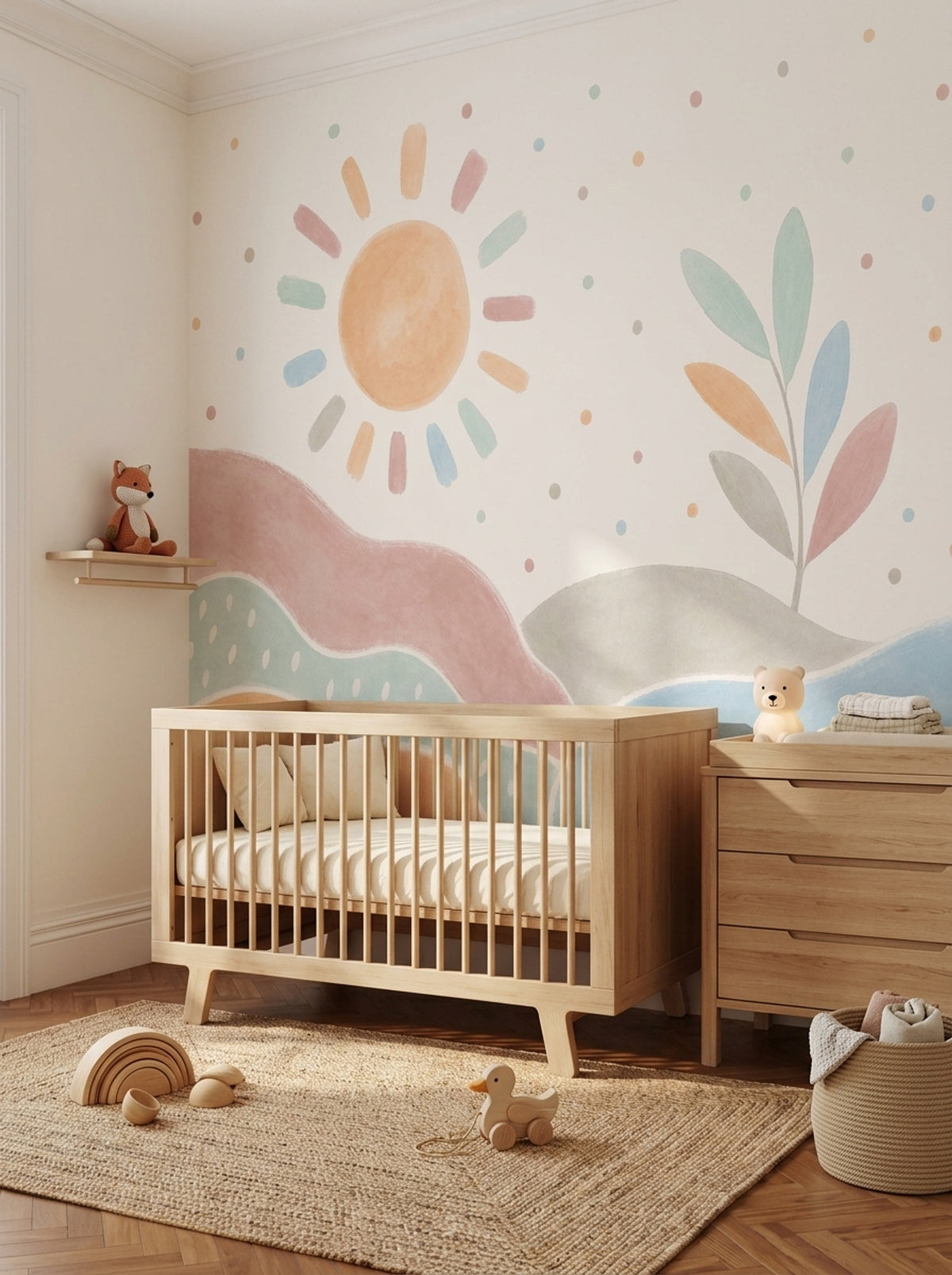 Pastel Landscape Wallpaper Watercolor Sun Wall Mural