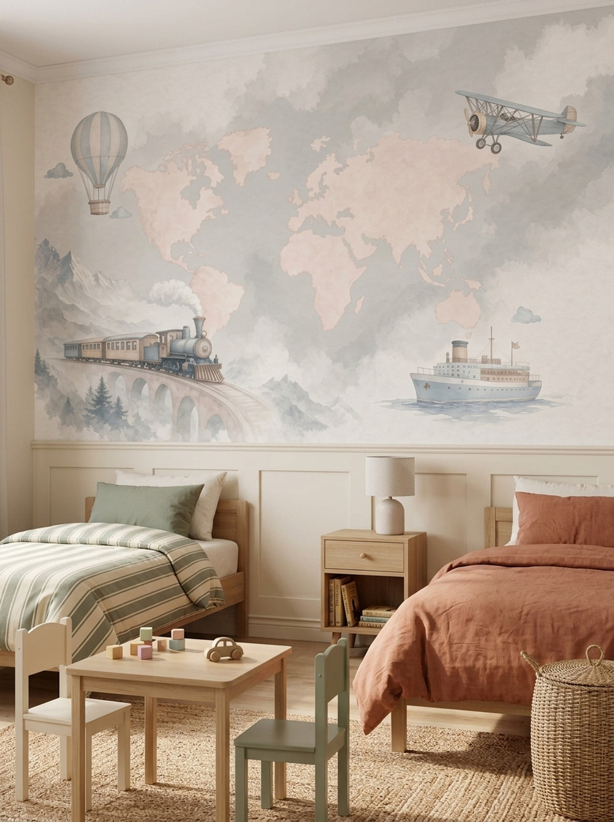 World Map Wallpaper Cloudy Sky Hot Air Balloon Removable Wall Decor
