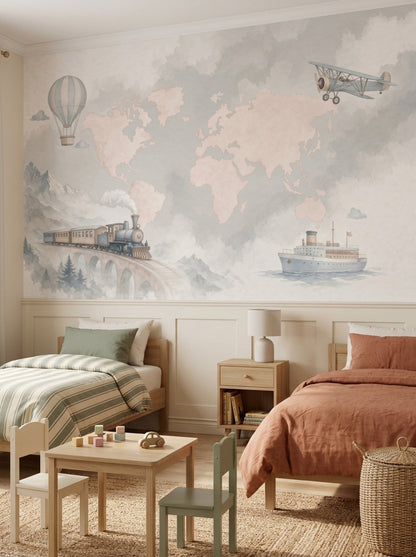World Map Wallpaper Cloudy Sky Hot Air Balloon Removable Wall Decor