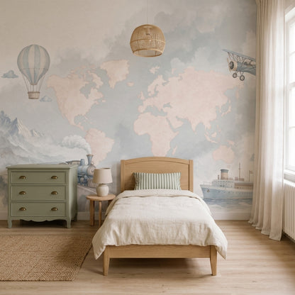 World Map Wallpaper Cloudy Sky Hot Air Balloon Removable Wall Decor