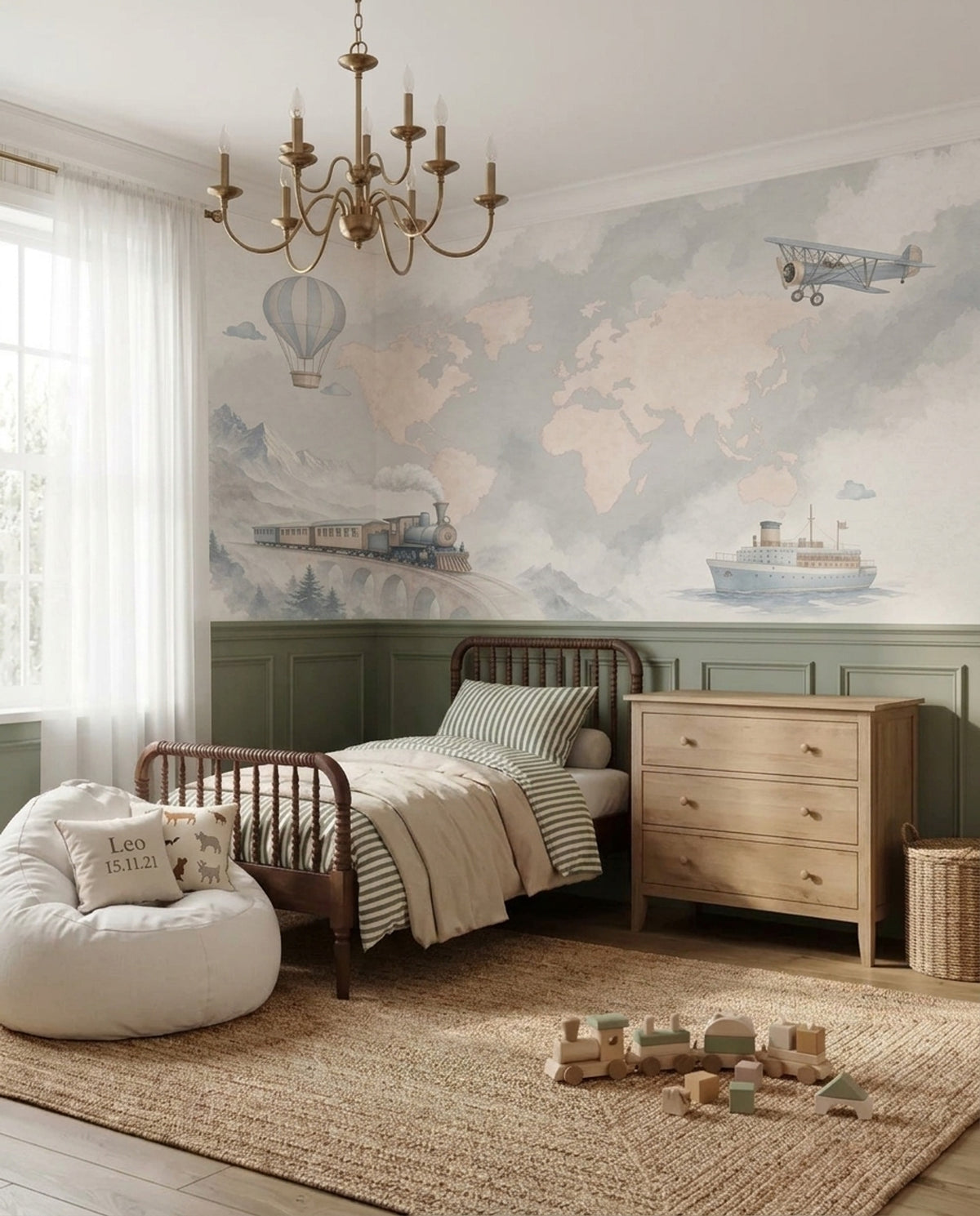 World Map Wallpaper Cloudy Sky Hot Air Balloon Removable Wall Decor
