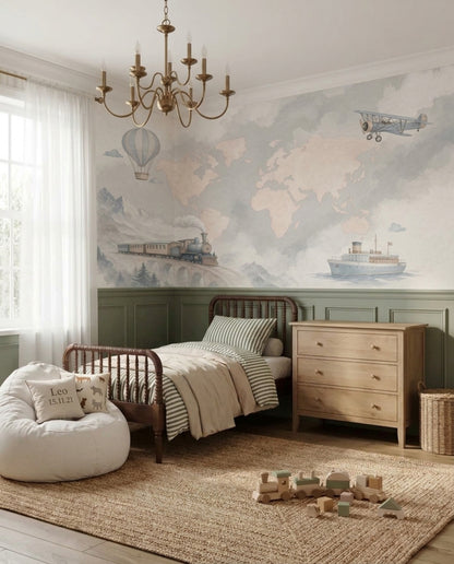 World Map Wallpaper Cloudy Sky Hot Air Balloon Removable Wall Decor