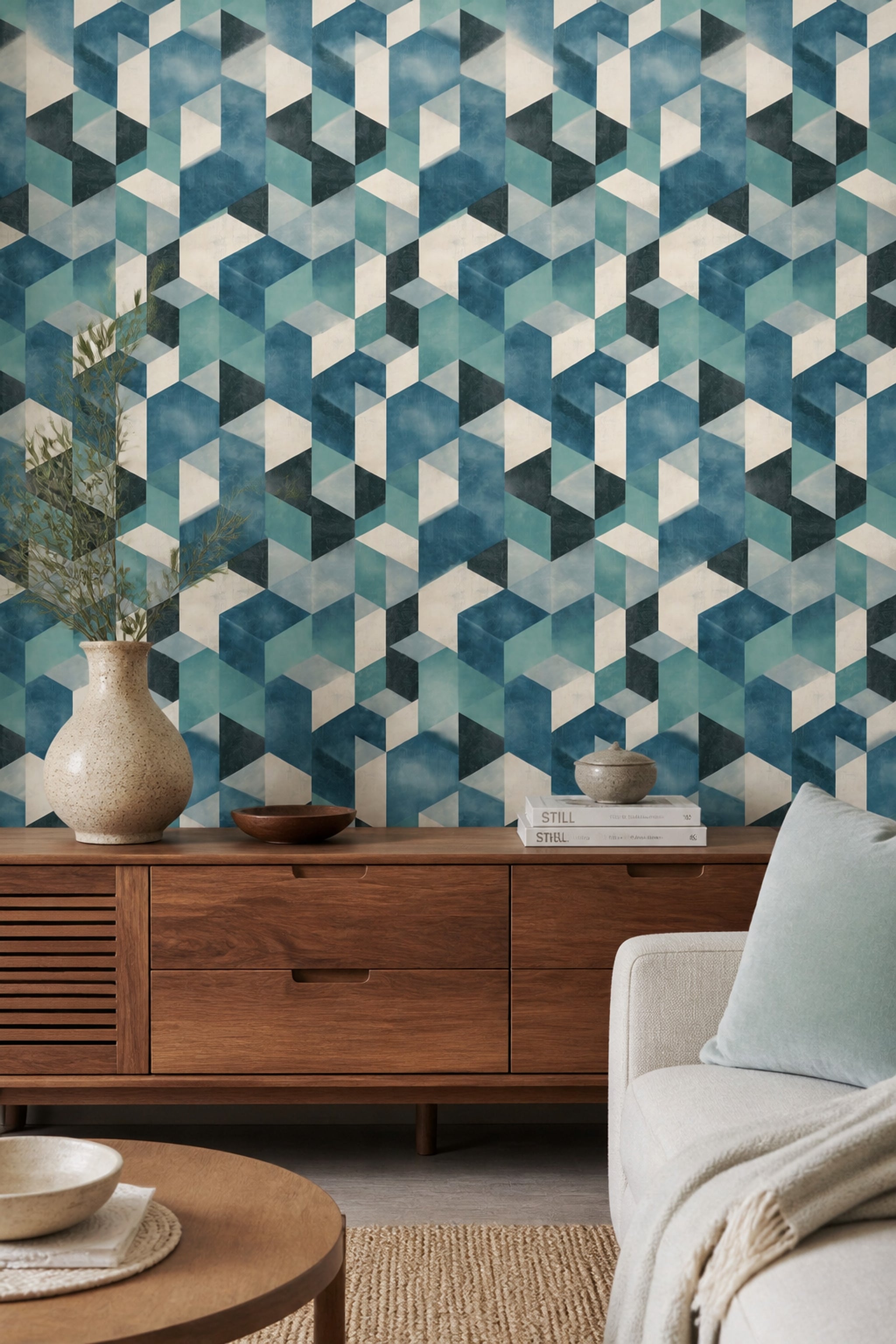 Mid Century Modern Wallpaper Geometric Isometric Removable Wall Decor