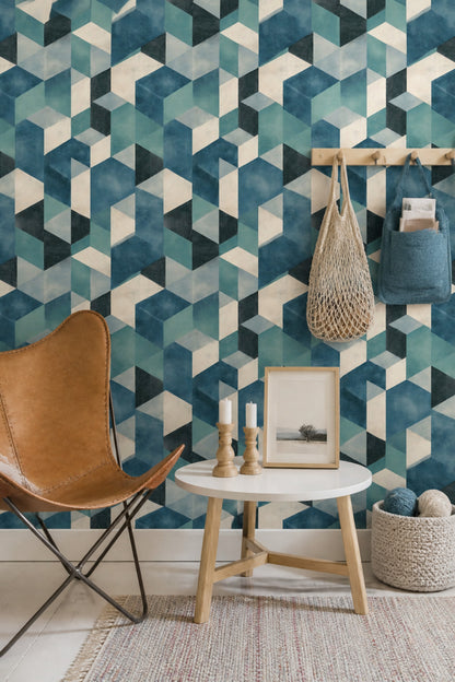 Mid Century Modern Wallpaper Geometric Isometric Removable Wall Decor