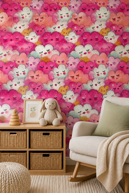 Whimsical Clouds Wallpaper Sleeping Faces Watercolor Removable Wall Decor