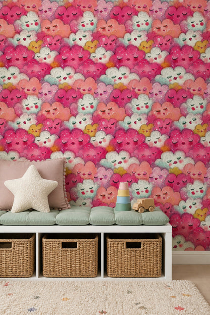 Whimsical Clouds Wallpaper Sleeping Faces Watercolor Removable Wall Decor