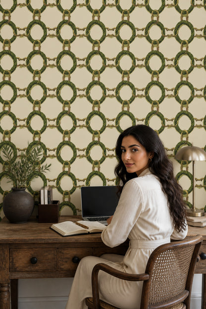Gold Chain Wallpaper Green Rope Removable Interlocking Wall Double Roll