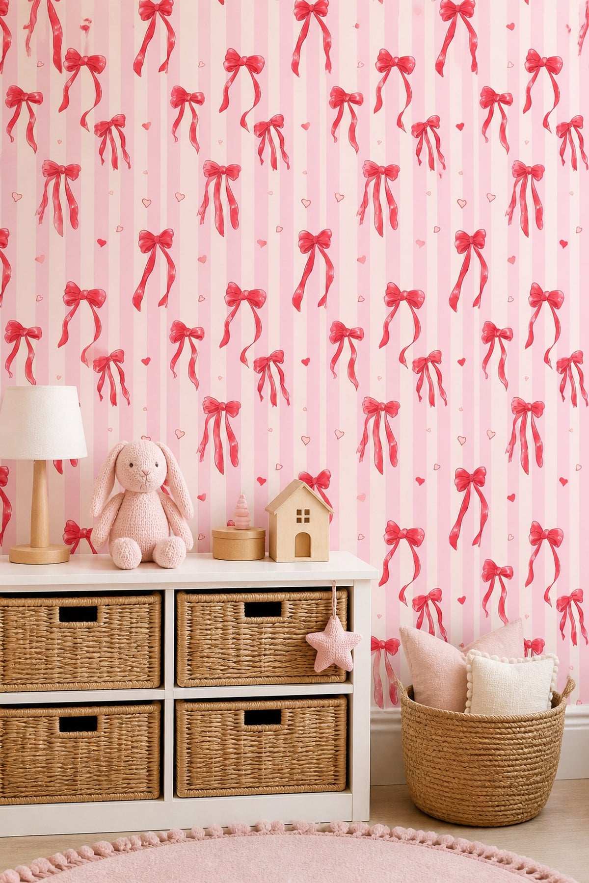 Pink Stripes Wallpaper Ribbon Bows Hearts Removable Wall Decor
