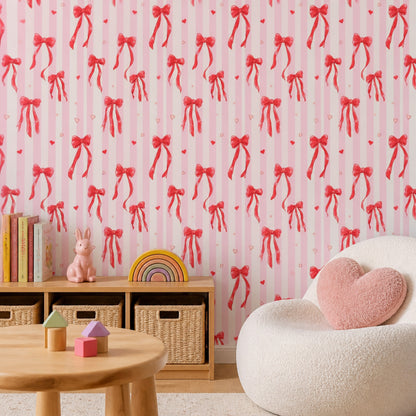 Pink Stripes Wallpaper Ribbon Bows Hearts Removable Wall Decor