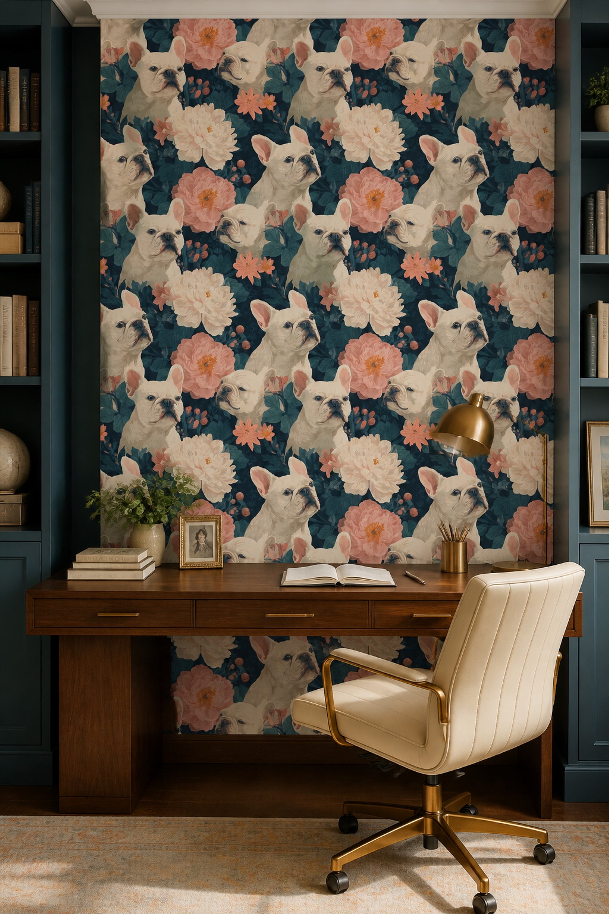 French Bulldog Wallpaper Floral Botanical Decorative Mural