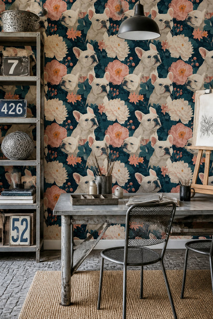 French Bulldog Wallpaper Floral Botanical Decorative Mural