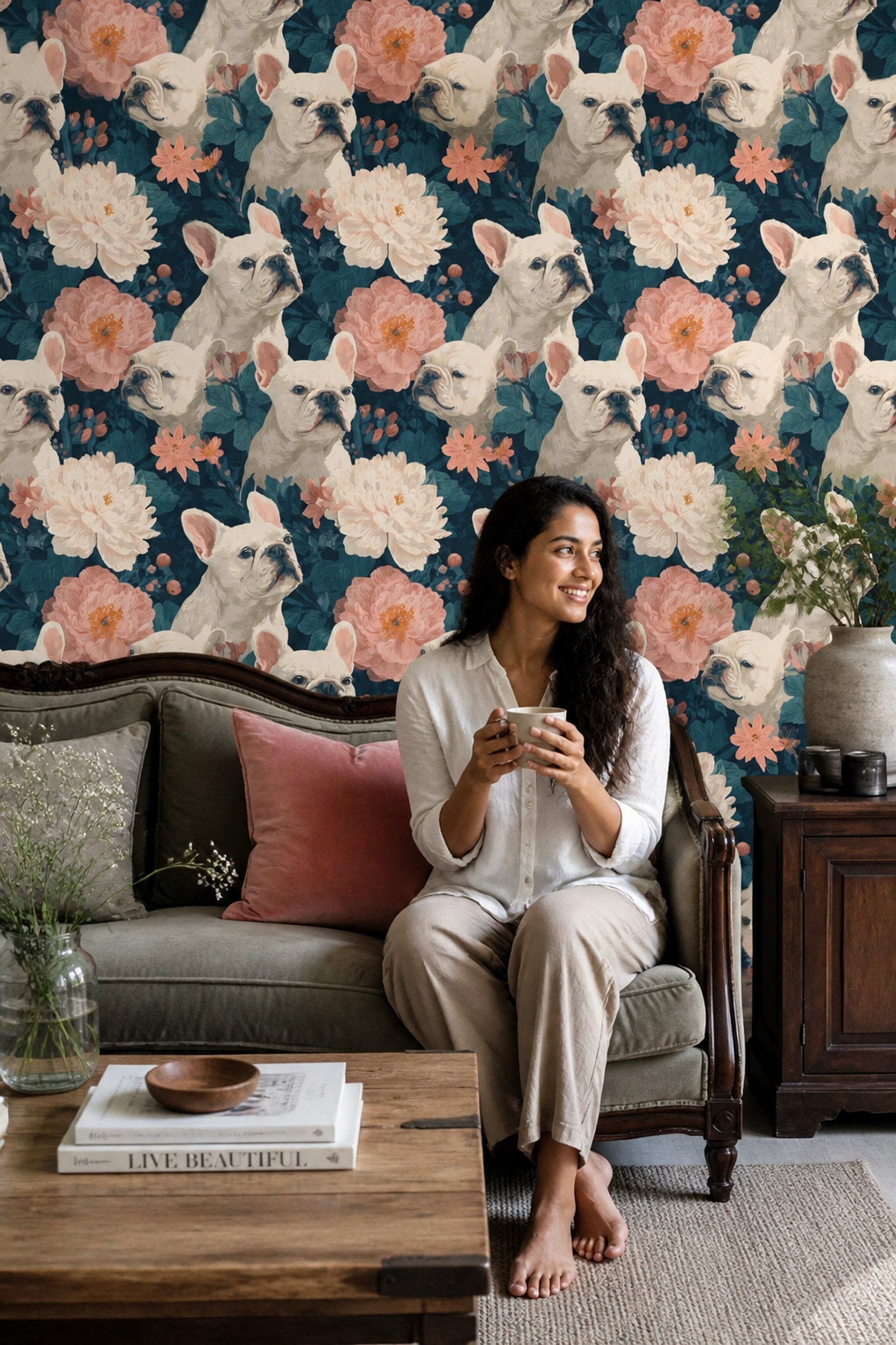 French Bulldog Wallpaper Floral Botanical Decorative Mural