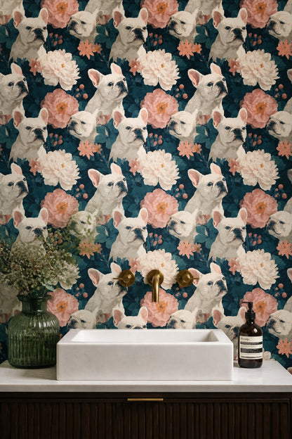 French Bulldog Wallpaper Floral Botanical Decorative Mural