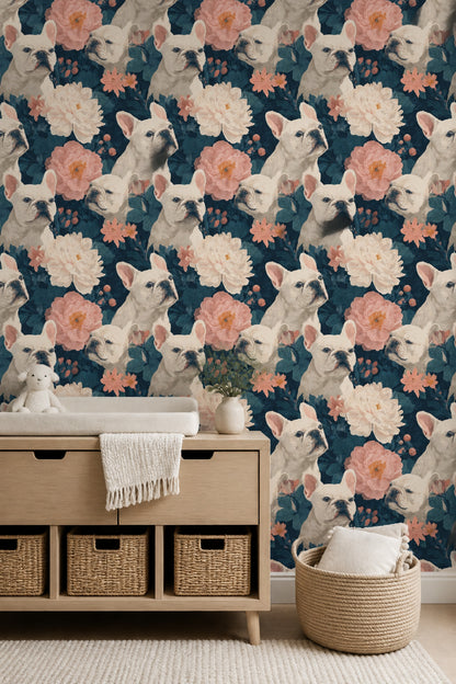 French Bulldog Wallpaper Floral Botanical Decorative Mural