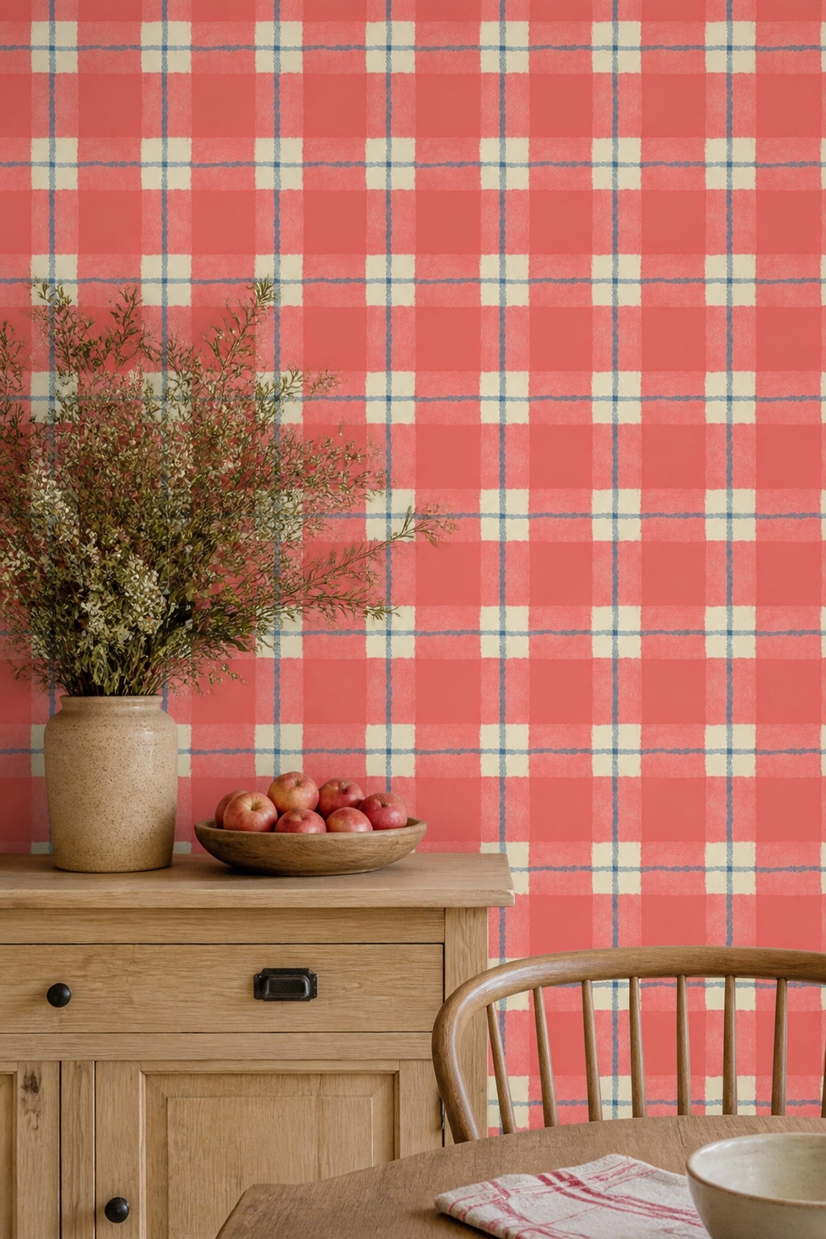 Plaid Wallpaper Checkered Coral Decorative Mural