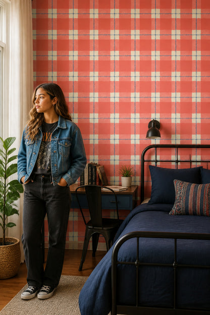 Plaid Wallpaper Checkered Coral Decorative Mural