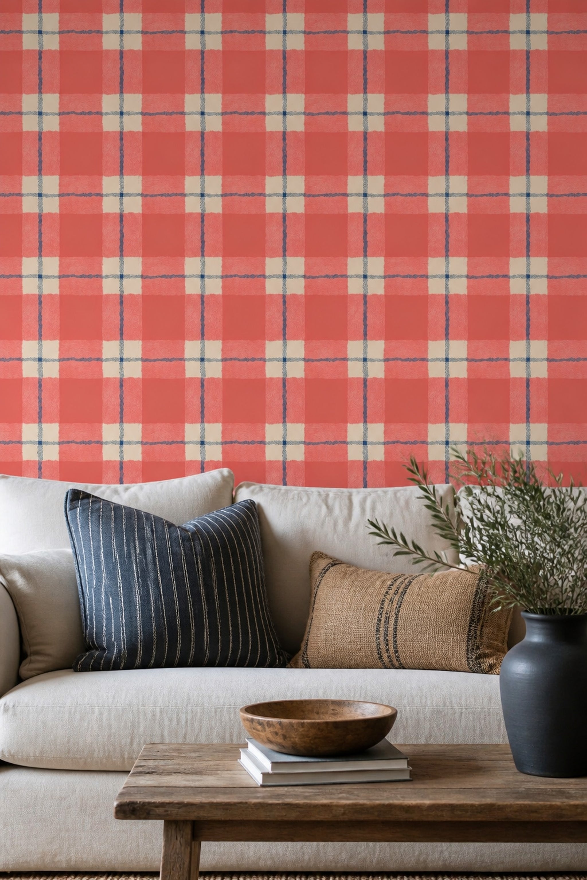 Plaid Wallpaper Checkered Coral Decorative Mural