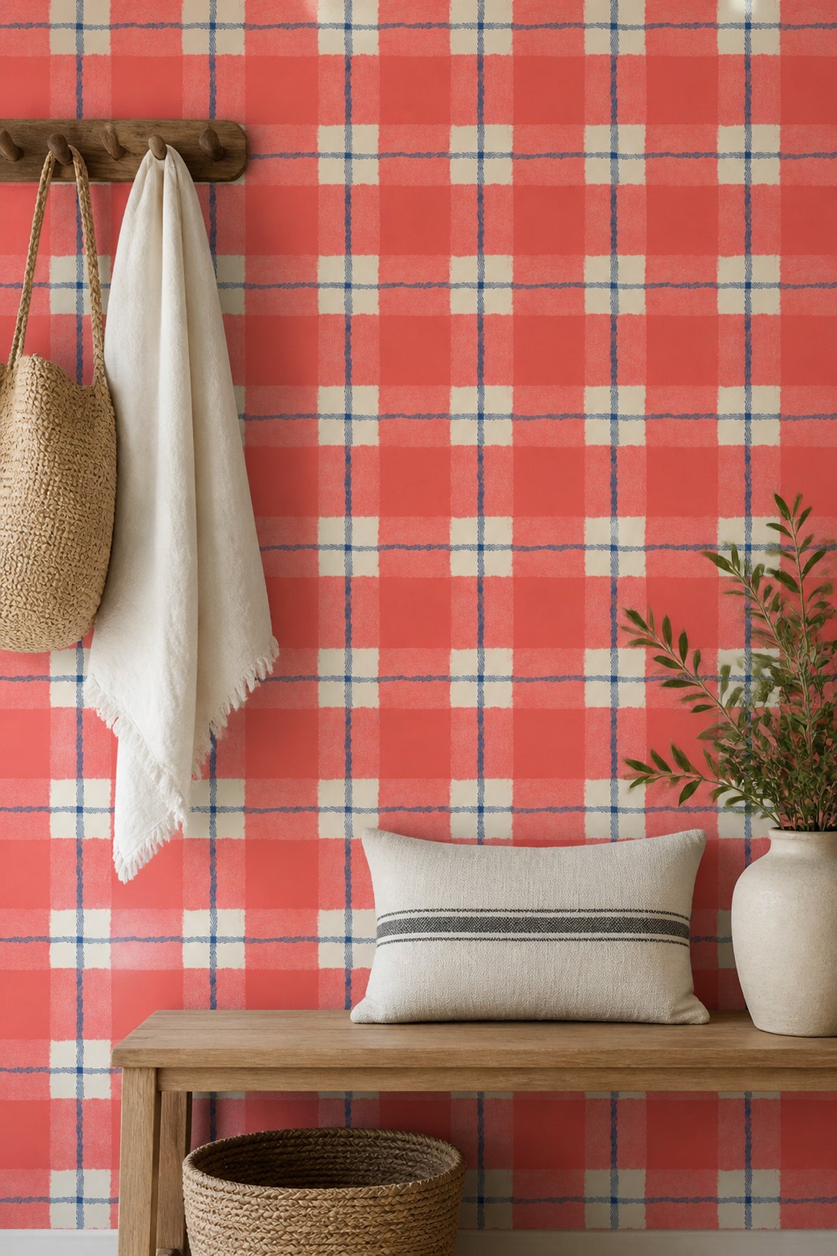 Plaid Wallpaper Checkered Coral Decorative Mural