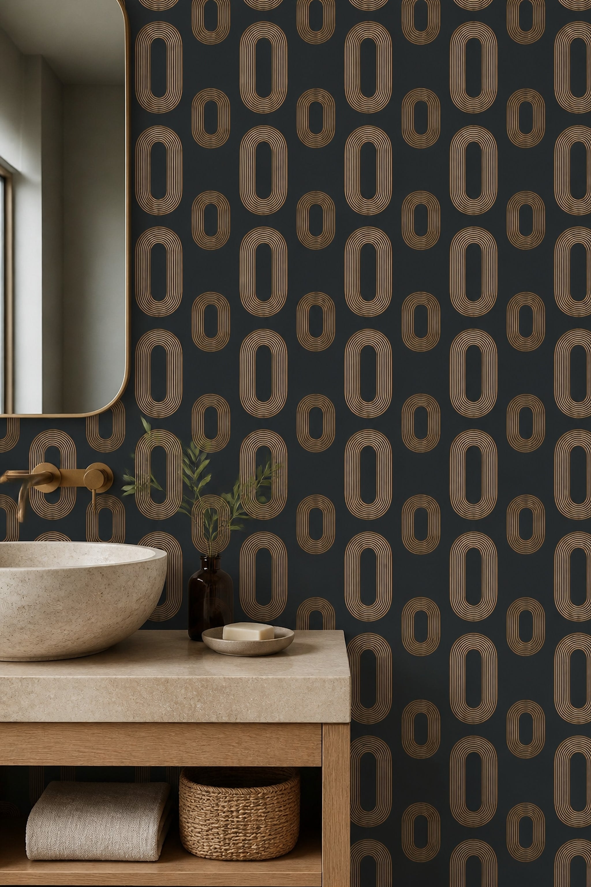 Dark Geometric Wallpaper Black Background Removable Gold Linework Wall Double Roll