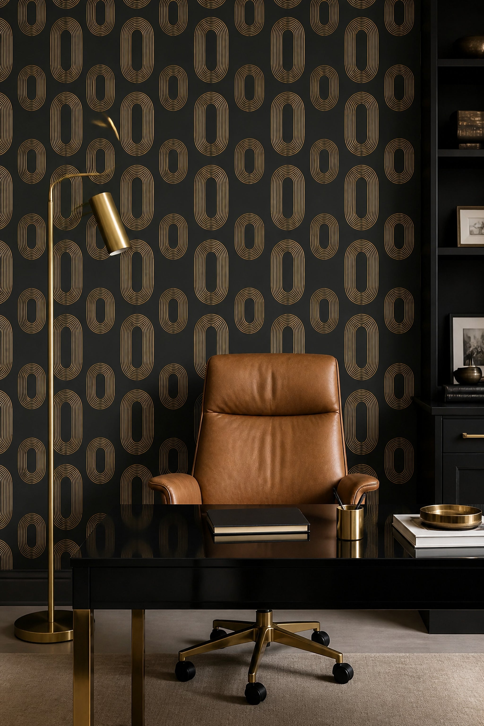 Dark Geometric Wallpaper Black Background Removable Gold Linework Wall Double Roll