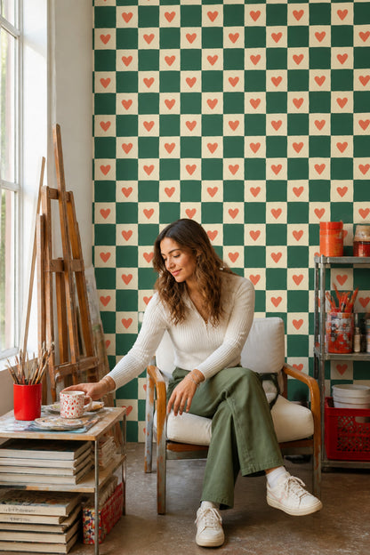 Checkered Wallpaper Hearts Geometric Removable Wall Decor