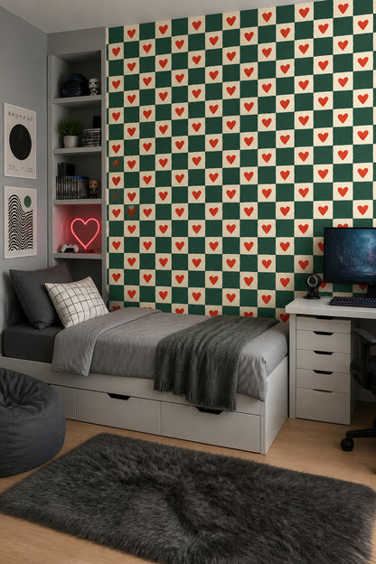 Checkered Wallpaper Hearts Geometric Removable Wall Decor