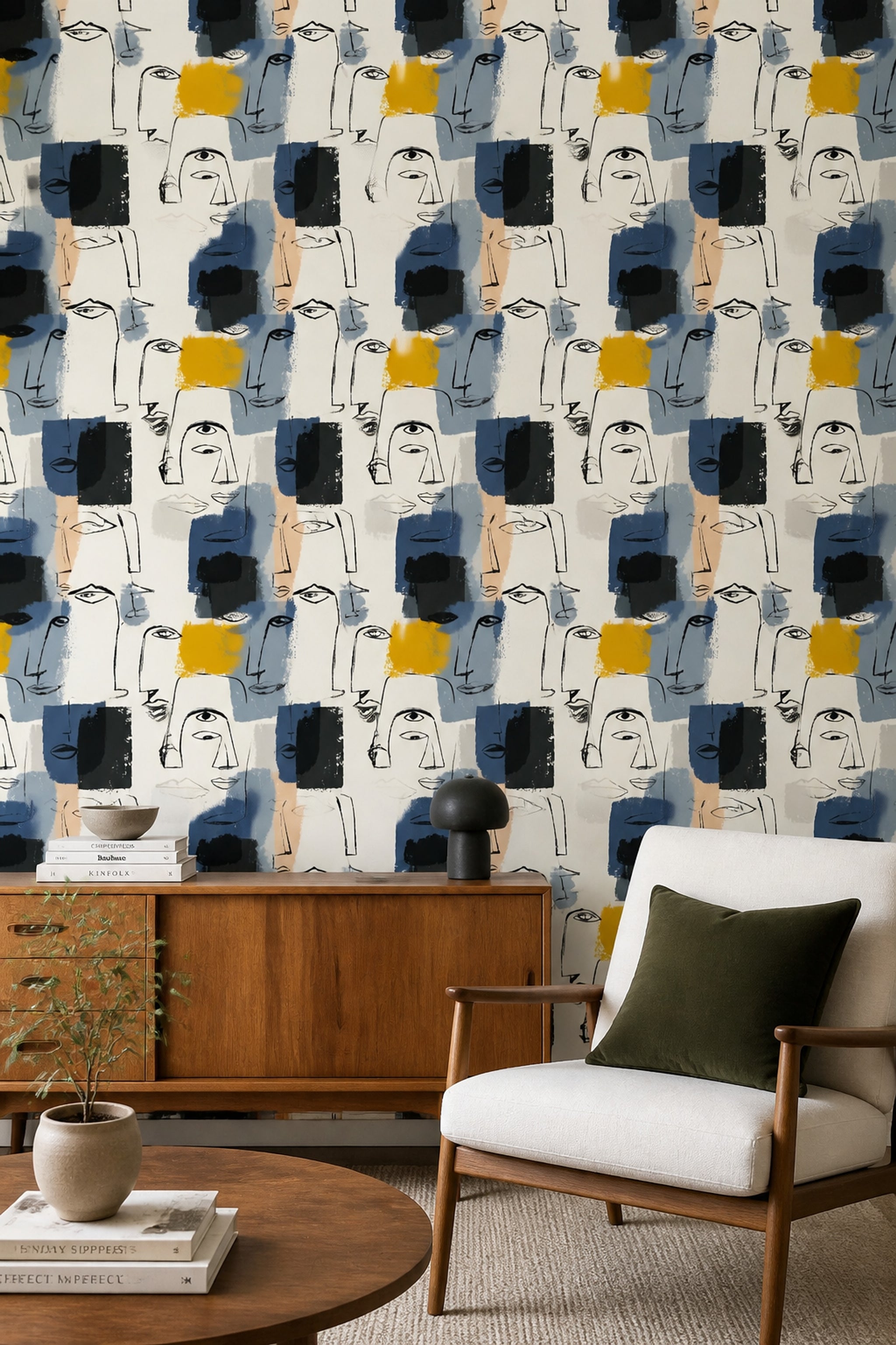 Abstract Faces Wallpaper Line Art Removable Modern Portrait Wall Double Roll