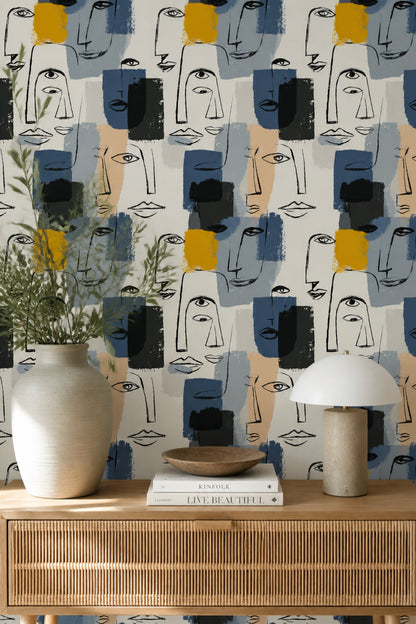 Abstract Faces Wallpaper Line Art Removable Modern Portrait Wall Double Roll
